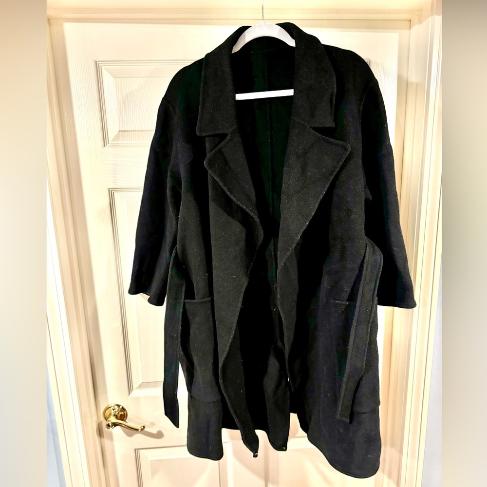 Black Wool Tie Waist Thigh Length Trench Pea Coat